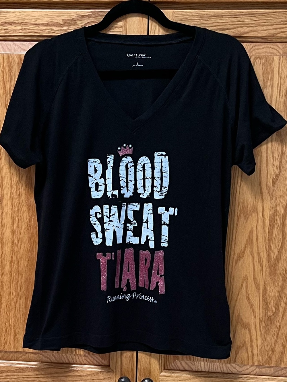 Sport-Tek Black V-Neck 'Blood Sweat Tiara' Graphic Tee, GUC, Size L